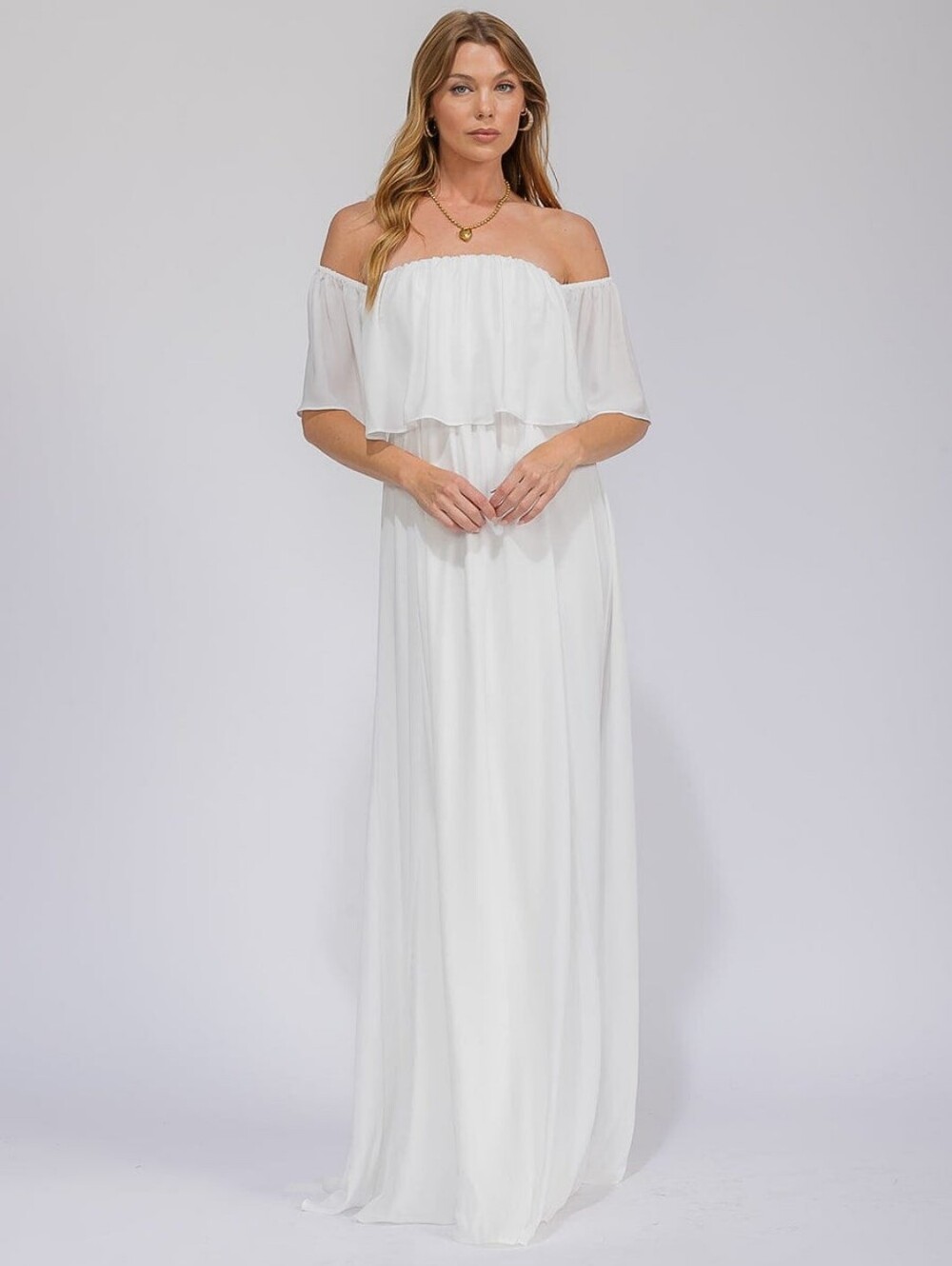 White Boho Off Shoulder Maxi Dress Flowy Ruffle Beach Wedding Bridal Dress - Picture 2 of 4